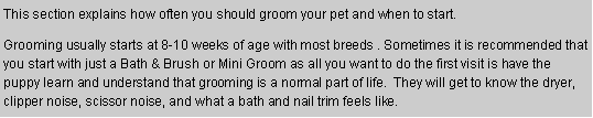Text Box: This section explains how often you should groom your pet and when to start.Grooming usually starts at 8-10 weeks of age with most breeds . Sometimes it is recommended that you start with just a Bath & Brush or Mini Groom as all you want to do the first visit is have the puppy learn and understand that grooming is a normal part of life.  They will get to know the dryer, clipper noise, scissor noise, and what a bath and nail trim feels like. 